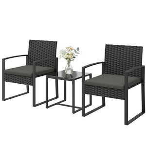Outdoor Bistro Set, 3 Piece Wicker Patio Furniture Set with Glass Top Table and Cushions for Porch