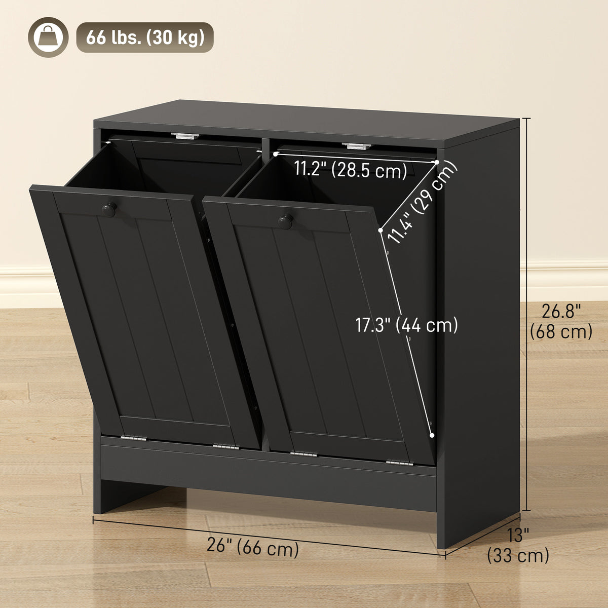 Tilt-Out Laundry Storage Cabinet, Modern Laundry Hamper with 2 Compartments for Bathroom Washroom, Black – view 2