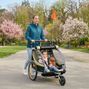 Aosom 2 Seat Bike Trailer for Kids 2-in-1 Double Baby Stroller with Handbrake, Rubber Wheels, 5 Point Harness, Waterproof Cover, Storage Bag, Reflectors