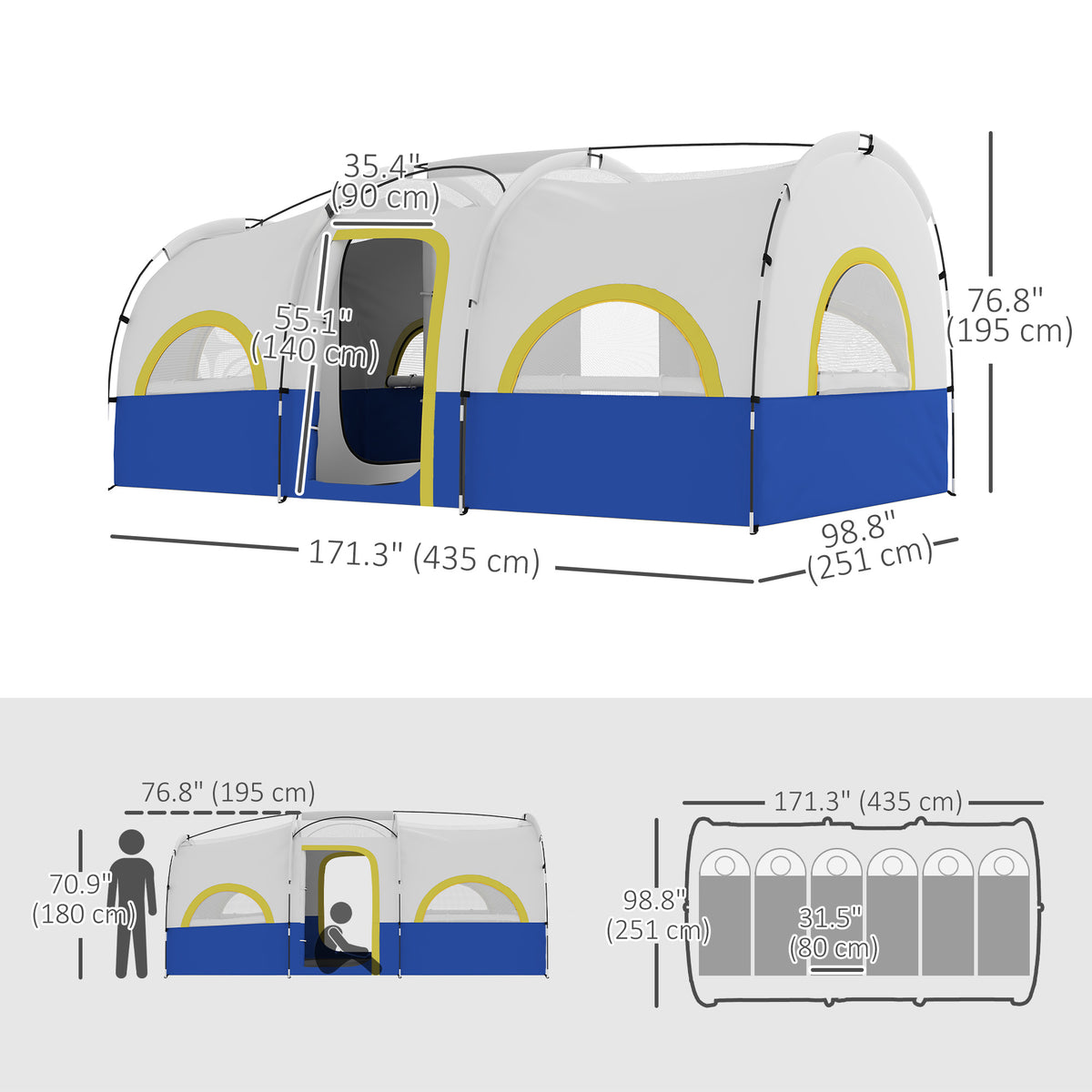 4 Person Camping Tent, 3 Room Cabin Tent, 3000mm Waterproof and UPF30+ with Sewn in Groundsheet and Carry – view 2