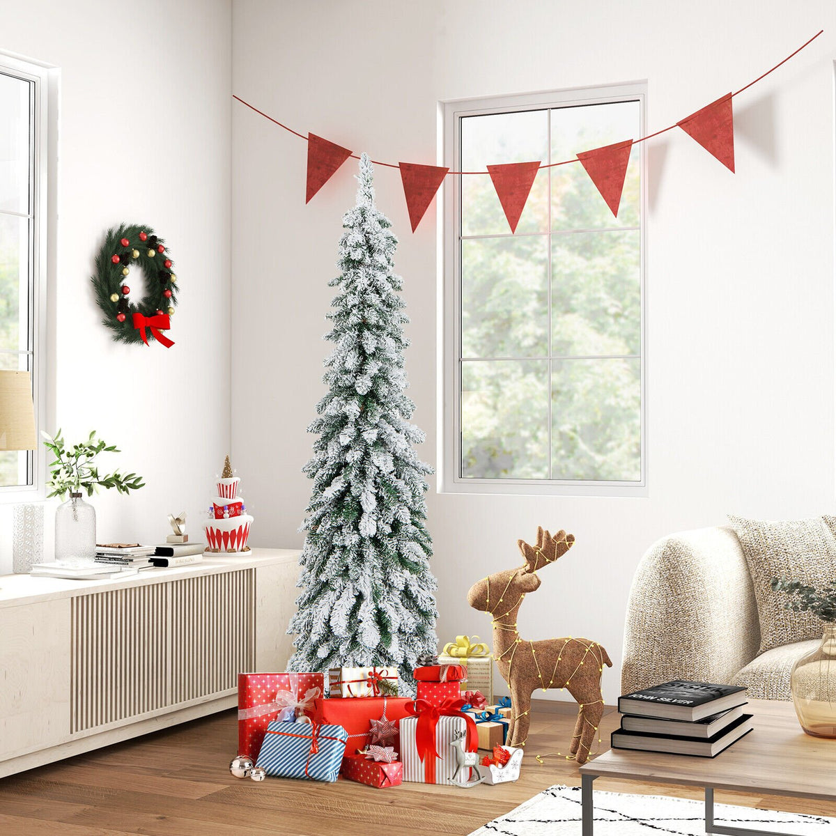 4/5/6 Feet Pre-Lit Artificial Christmas Tree Snow-Flocked Slim Pencil Xmas Decor-5 ft view 2