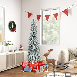 4/5/6 Feet Pre-Lit Artificial Christmas Tree Snow-Flocked Slim Pencil Xmas Decor-5 ft view 2