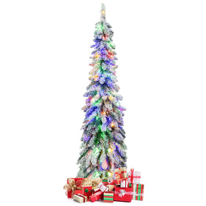 4/5/6 Feet Pre-Lit Artificial Christmas Tree Snow-Flocked Slim Pencil Xmas Decor-5 ft view 4