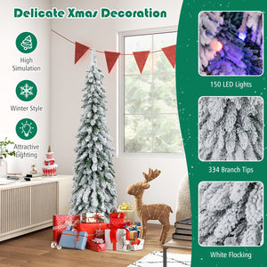 4/5/6 Feet Pre-Lit Artificial Christmas Tree Snow-Flocked Slim Pencil Xmas Decor-5 ft view 9