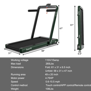 4.75HP 2 In 1 Folding Treadmill with Remote APP Control-Green view 4