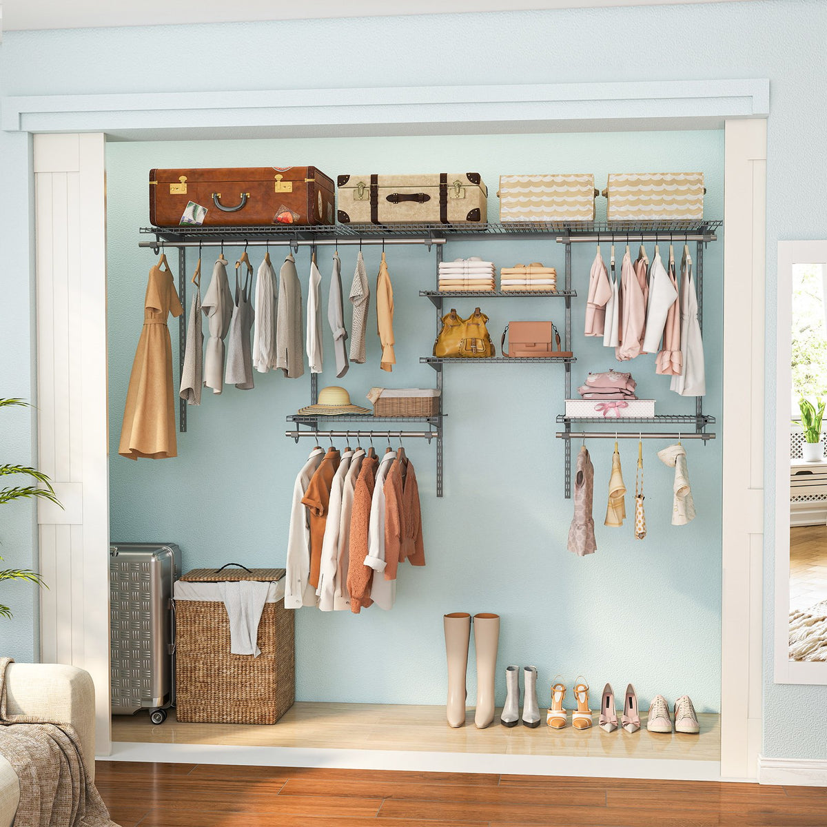 4-8 Feet Closet Organizers and Storage System with Hanging Rod for Laundry Bedroom-Grey view 2