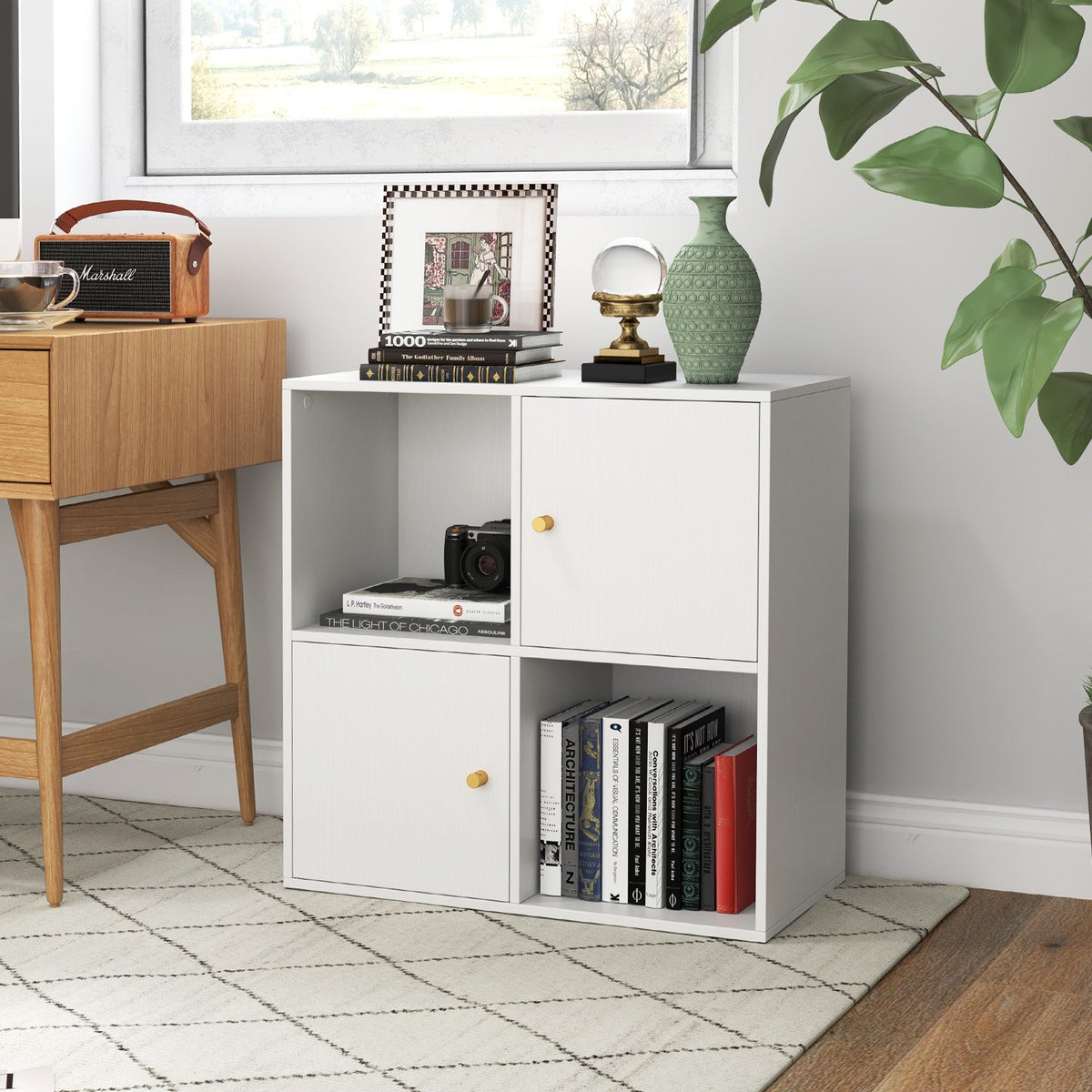 4-Cube Bookcase 3-Tier Bookshelf with Dual Anti-Tipping Kits and 2 Cabinets-White view 2