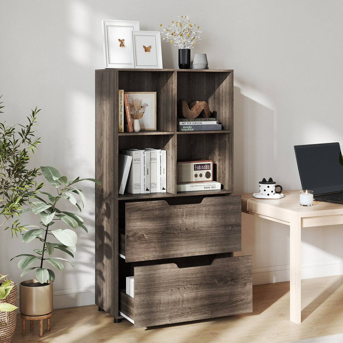 4-Cube Bookcase with 2 Drawers 51 inch 5-Tier Tall Freestanding Bookshelf-Gray view 2