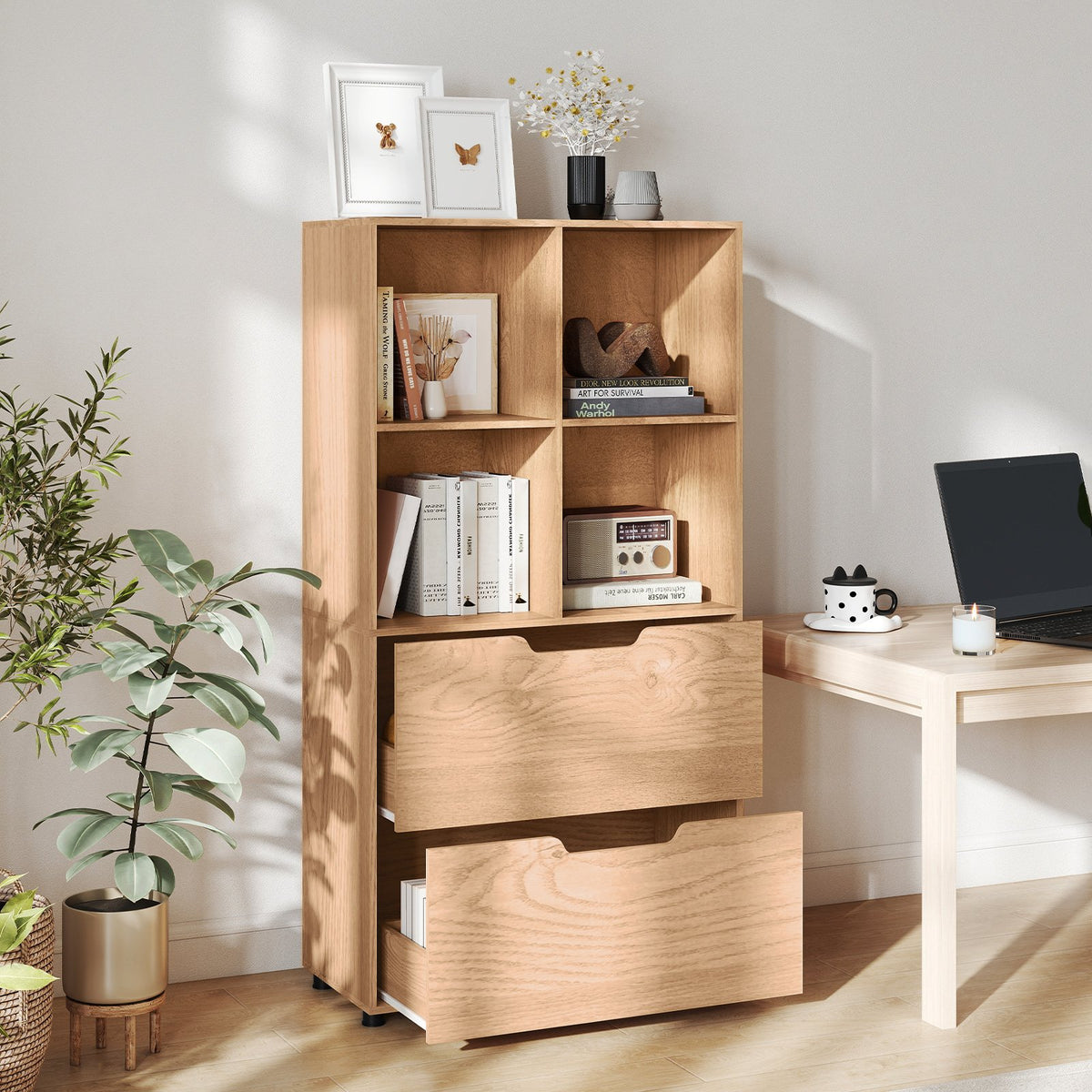 4-Cube Bookcase with 2 Drawers 51 inch 5-Tier Tall Freestanding Bookshelf-Natural view 2