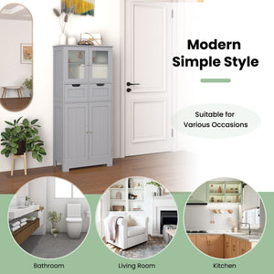 4 Door Freee-Standing Bathroom Cabinet with 2 Drawers and Glass Doors-Gray view 7