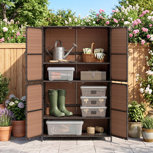 4-Door Rattan Vertical Storage Shed with Adjustable Shelves-Brown view 6