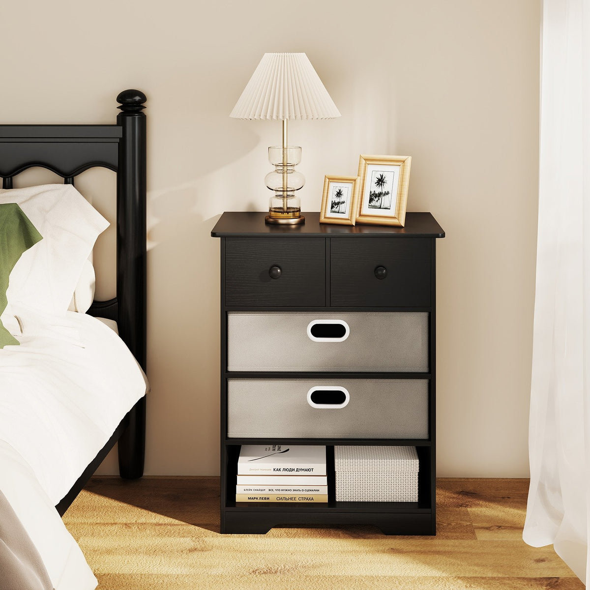 4-Drawer Dresser Modern Chest Storage Organizer with Open Shelves-Black view 2