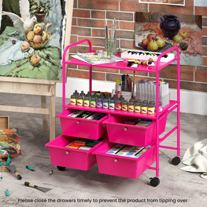 4 Drawers Shelves Rolling Storage Cart Rack-Hot Pink view 3