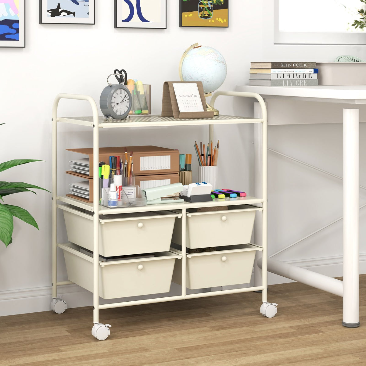 4 Drawers Shelves Rolling Storage Cart Rack-White view 2