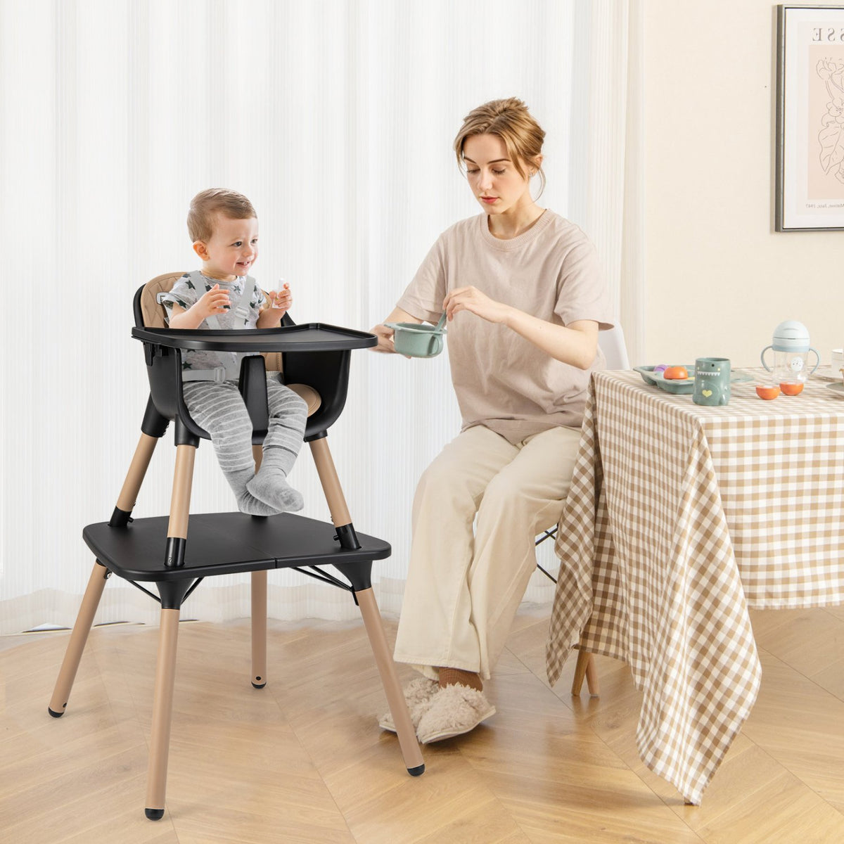 4-in-1 Baby Convertible Toddler Table Chair Set with PU Cushion-Brown view 2
