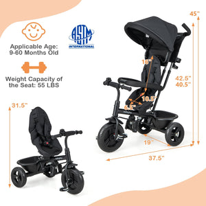 4-in-1 Baby Trike Kids Tricycle with Removable Canopy and Adjustable Push Handle-Black view 4