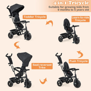 4-in-1 Baby Trike Kids Tricycle with Removable Canopy and Adjustable Push Handle-Black view 5