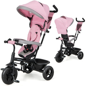 4-in-1 Baby Trike Kids Tricycle with Removable Canopy and Adjustable Push Handle-Pink view 3