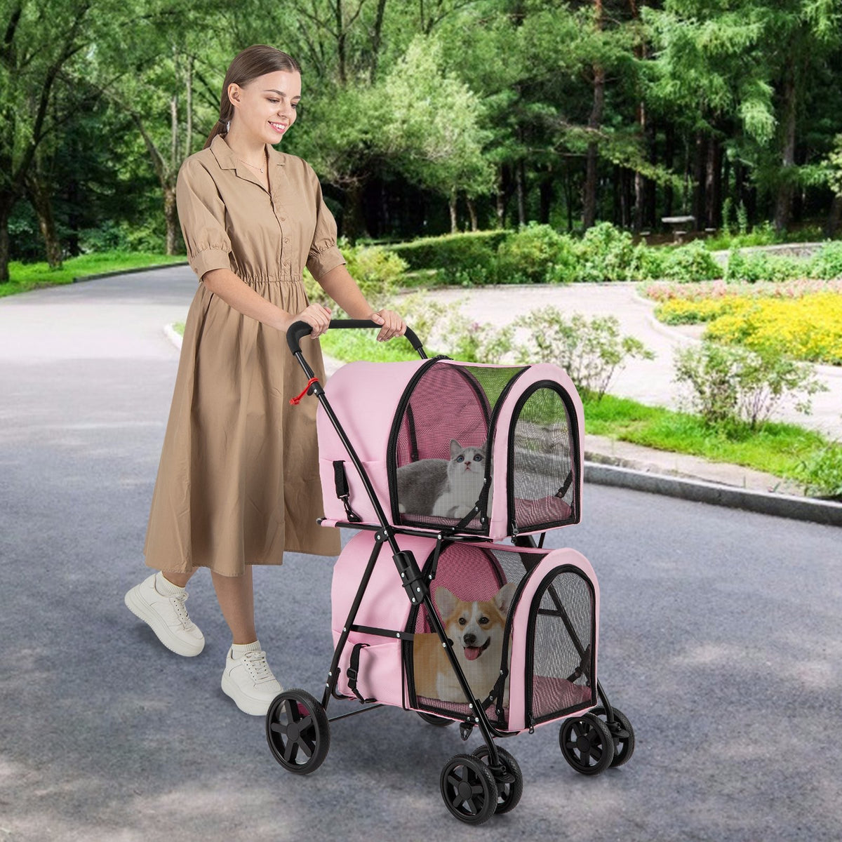 4-in-1 Double Pet Stroller with Detachable Carrier and Travel Carriage-Pink view 2