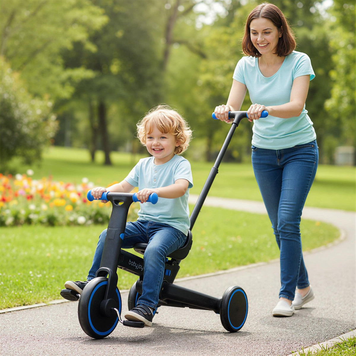 4-in-1 Foldable Toddler Tricycle with Push Handle with Adjustable Seat-Navy view 2
