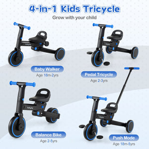 4-in-1 Foldable Toddler Tricycle with Push Handle with Adjustable Seat-Navy view 6
