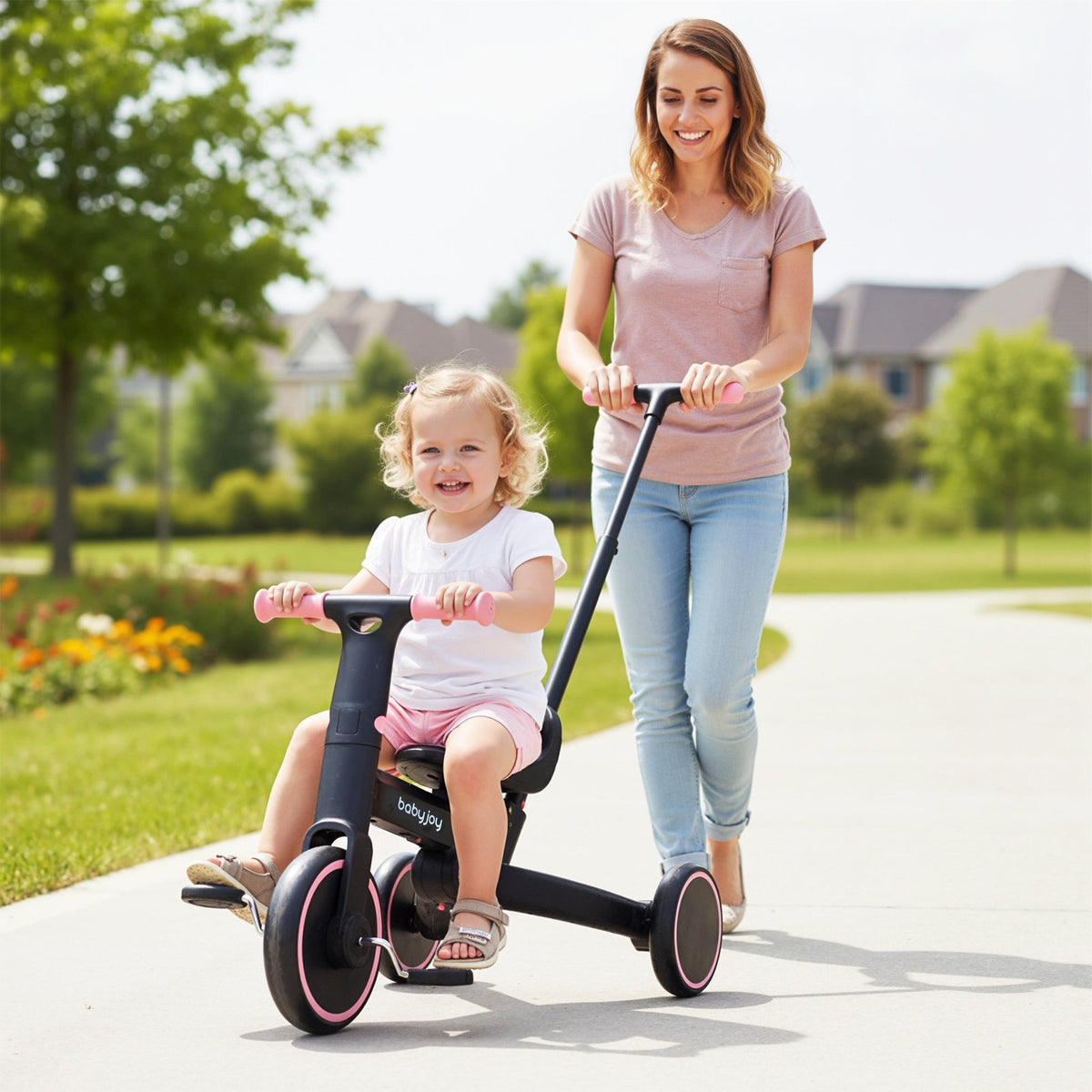 4-in-1 Foldable Toddler Tricycle with Push Handle with Adjustable Seat-Pink view 2