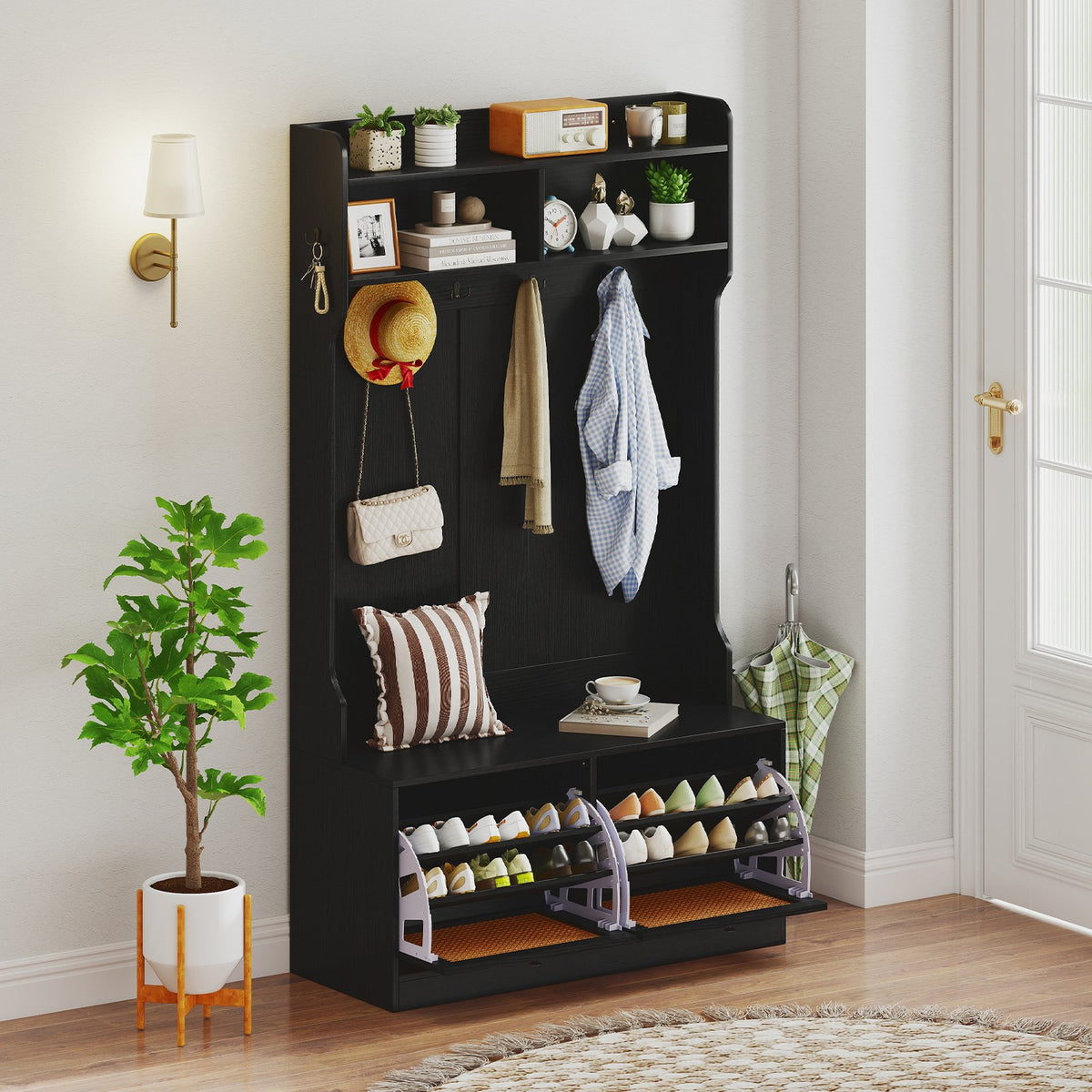 4-In-1 Hall Tree with Coat Rack and Flip Drawers for Entryway Mudroom-Black view 2