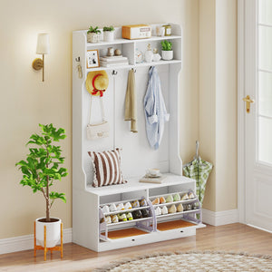 4-In-1 Hall Tree with Coat Rack and Flip Drawers for Entryway Mudroom-White view 2