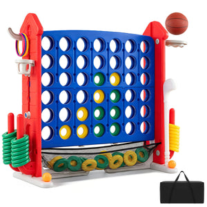 4-in-1 Height Adjustable Row Connect Game with Mesh Net and Carrying Bag-Red