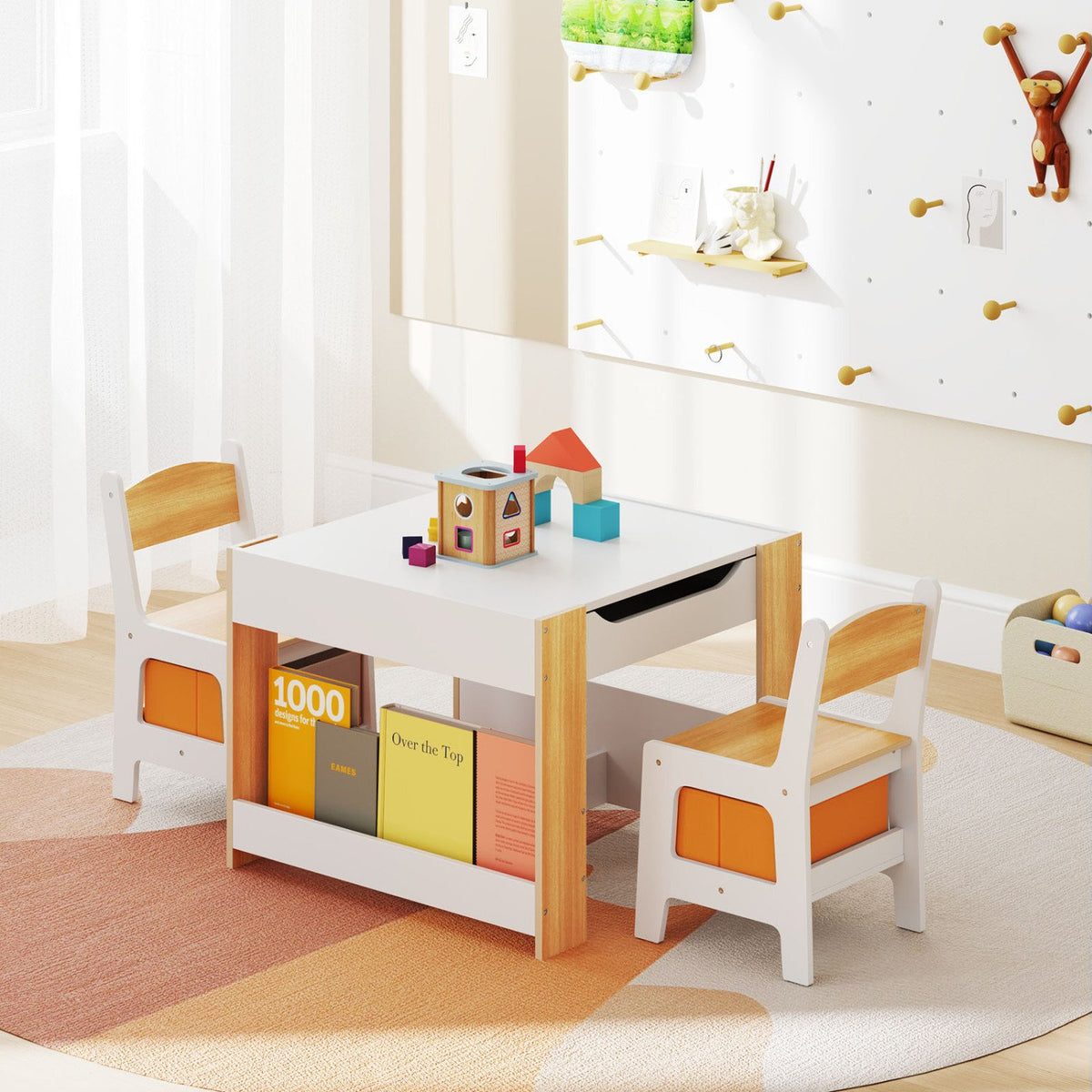 4 in 1 Kids Toddler Activity Table and Chairs Set with Reversible Tabletop-Natural view 2