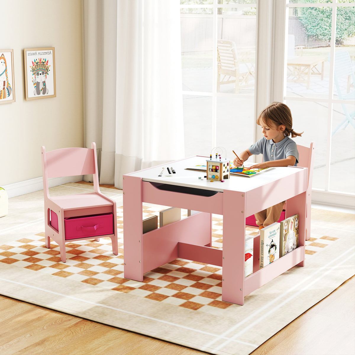 4 in 1 Kids Toddler Activity Table and Chairs Set with Reversible Tabletop-Pink view 2