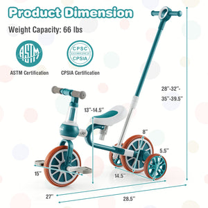4-in-1 Kids Tricycle with Adjustable Parent Push Handle for 2-4 Years Old-Green view 4