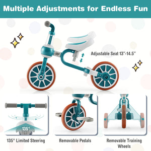 4-in-1 Kids Tricycle with Adjustable Parent Push Handle for 2-4 Years Old-Green view 6
