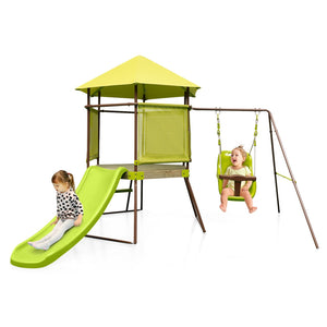 4-in-1 Swing Set with Covered Playhouse Fort and Height Adjustable Baby Seat-Green view 3
