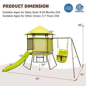 4-in-1 Swing Set with Covered Playhouse Fort and Height Adjustable Baby Seat-Green view 4