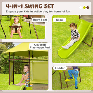 4-in-1 Swing Set with Covered Playhouse Fort and Height Adjustable Baby Seat-Green view 5