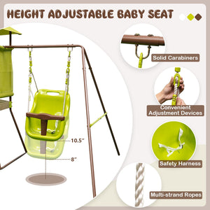 4-in-1 Swing Set with Covered Playhouse Fort and Height Adjustable Baby Seat-Green view 6