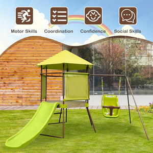 4-in-1 Swing Set with Covered Playhouse Fort and Height Adjustable Baby Seat-Green view 7