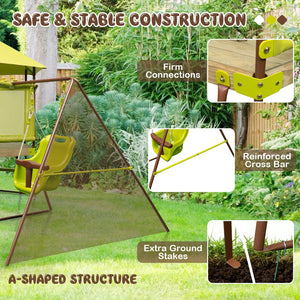 4-in-1 Swing Set with Covered Playhouse Fort and Height Adjustable Baby Seat-Green view 8