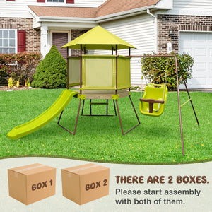 4-in-1 Swing Set with Covered Playhouse Fort and Height Adjustable Baby Seat-Green view 9
