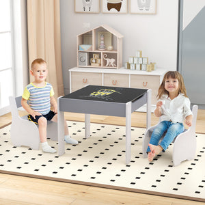 4-in-1 Wooden Activity Kids Table and Chairs with Storage and Detachable Blackboard-Gray view 3