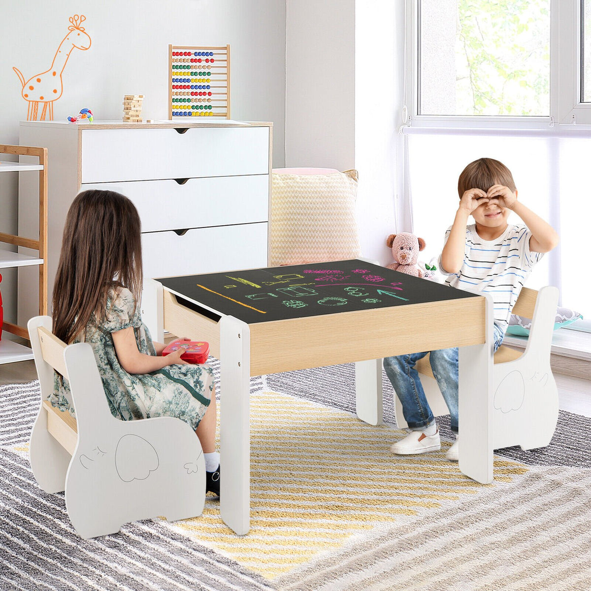 4-in-1 Wooden Activity Kids Table and Chairs with Storage and Detachable Blackboard-White view 2
