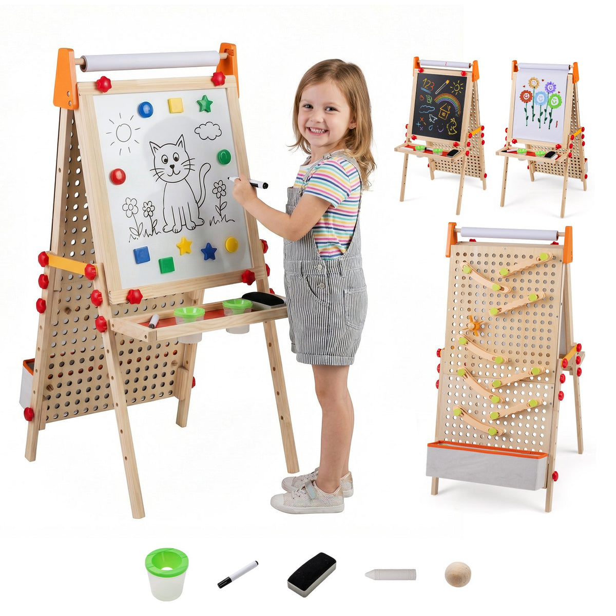 4-in-1 Wooden Kids Art Easel Double-Sided Foldable with Paper Roll and Storage Tray view 2