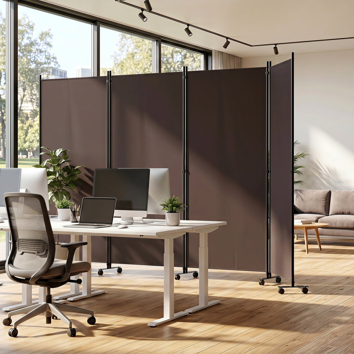 4 Panel Folding Privacy Screen Room Divider with Wheels-Brown view 2