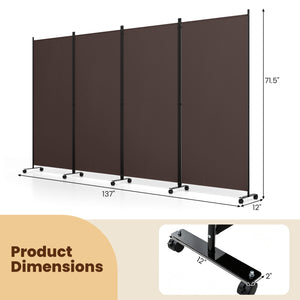 4 Panel Folding Privacy Screen Room Divider with Wheels-Brown view 5