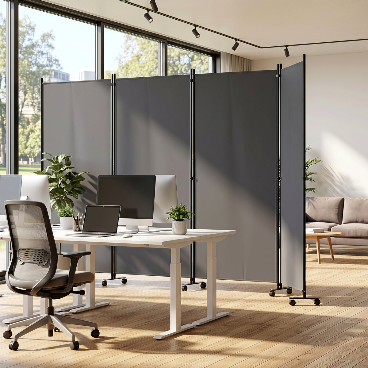 4 Panel Folding Privacy Screen Room Divider with Wheels-Gray view 2