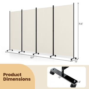 4 Panel Folding Privacy Screen Room Divider with Wheels-White view 5