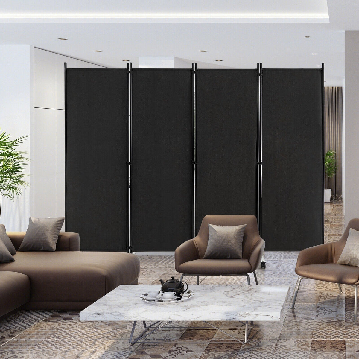 4-Panel Folding Room Divider 6 Feet Rolling Privacy Screen with Lockable Wheels-Black view 2