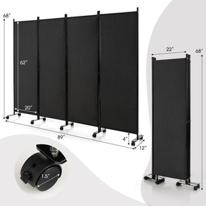 4-Panel Folding Room Divider 6 Feet Rolling Privacy Screen with Lockable Wheels-Black view 4