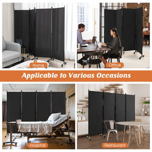 4-Panel Folding Room Divider 6 Feet Rolling Privacy Screen with Lockable Wheels-Black view 7